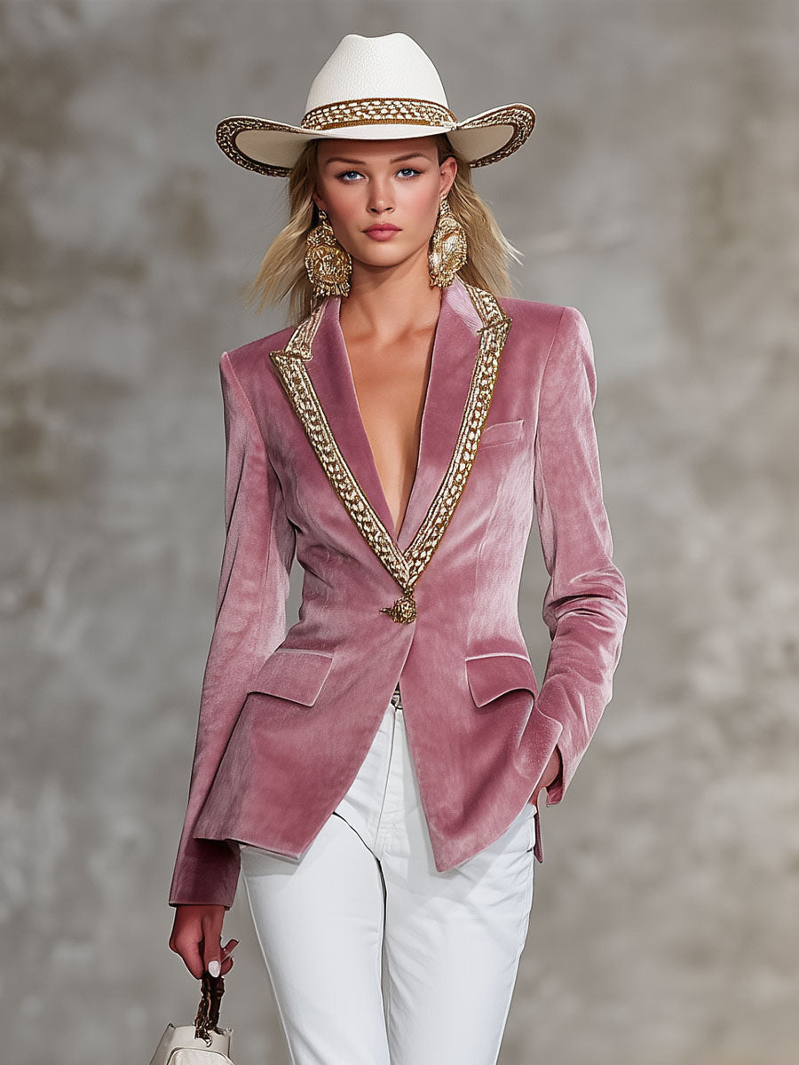 Veste en velours rose décontractée à un bouton