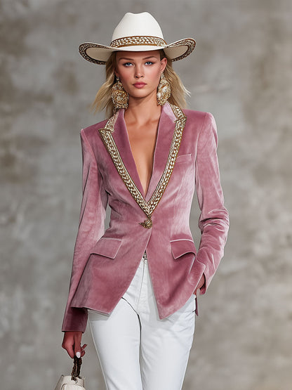 Veste en velours rose décontractée à un bouton