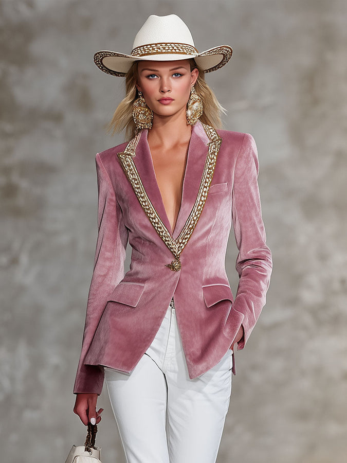 Veste en velours rose décontractée à bouton unique