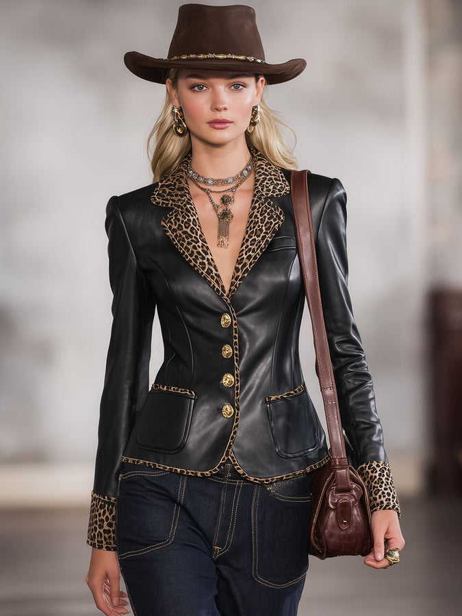 Blazer Chic en Simili Cuir avec Imprimé Léopard et Revers à Un Bouton