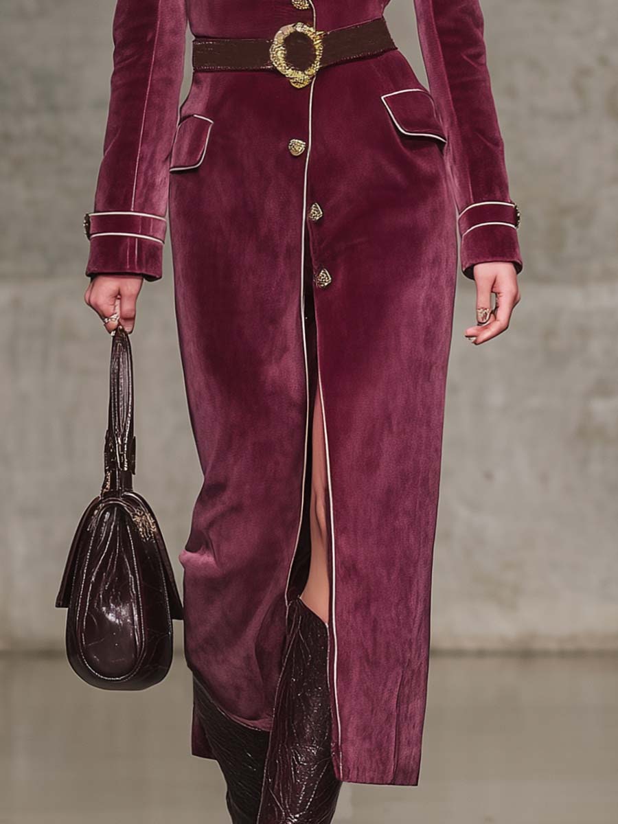 Veste Vintage Western en Velours Rouge Framboise avec Revers Notch et Détails Blancs