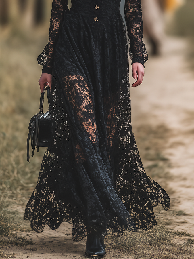 Robe Maxi en Dentelle Élégante avec Col Montant au Charme Western