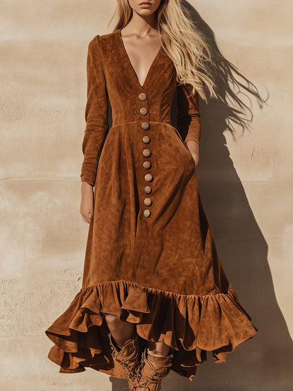 Robe Maxi en Faux Suède Caramel avec Volants et Détails Vintage