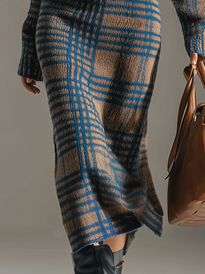 Élégante Robe Midi Tricotée à Carreaux V-Cou en Bleu Kaki - Style Rétro