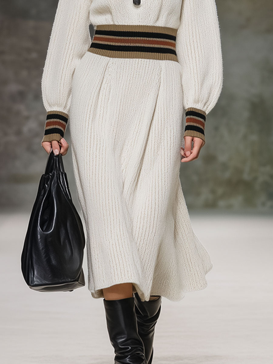 Robe Midi Rétro Rayée en Tricot Blanc – Style Décontracté