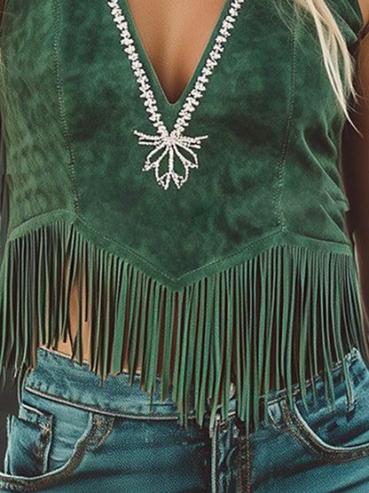 Expédition Rapide en 24h : Élégant Top Vintage Suédois Vert Émeraude avec Franges Brodées