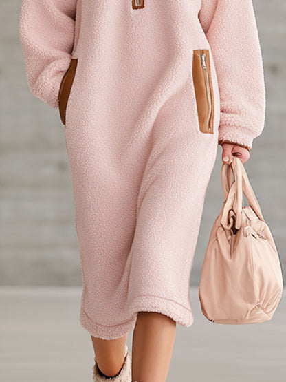 Robe Midi Polaire Rose avec Mi-Zip en PU Marron au Style Rétro Western