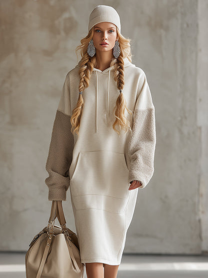 Chic et Confort : Robe Midi en Polaire Beige à Capuche et Manches Amples