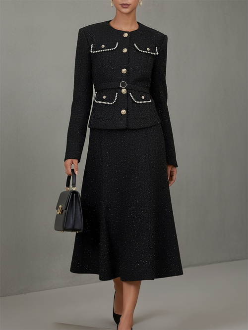 Chic Vintage Tweed Jacket and Long Skirt Set