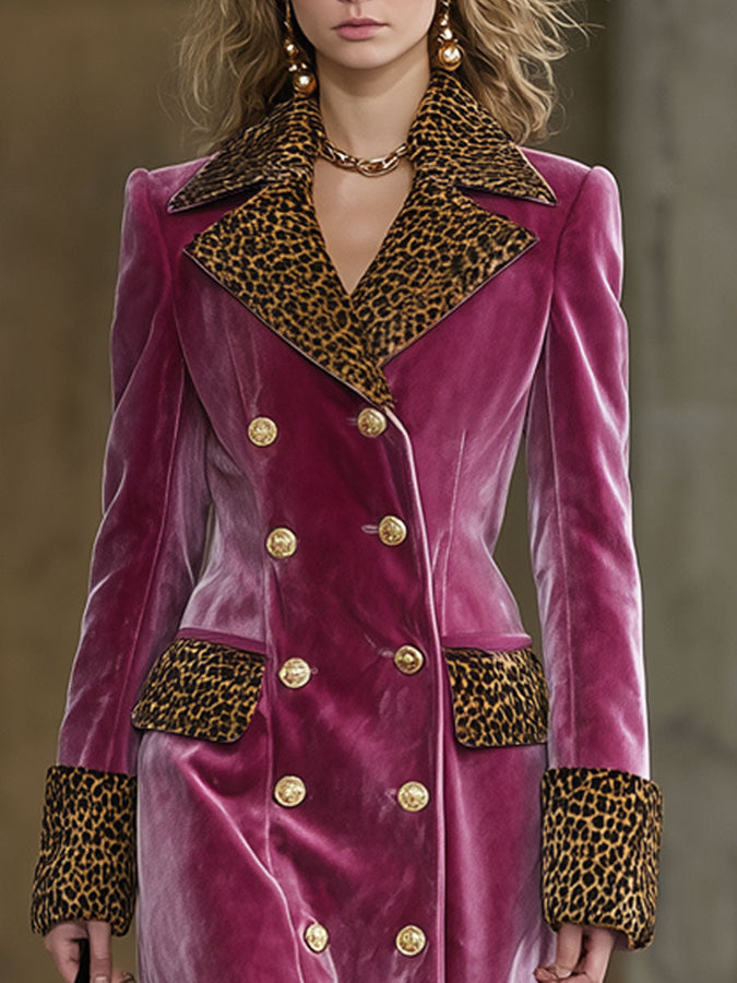 Long Velvet Rose Red Coat with Vintage Brown Leopard Print