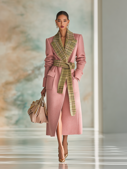 Long Wool Coat with Chic Plaid Collar for Urban Elegance