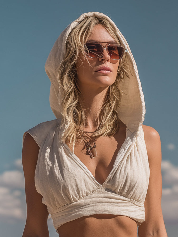 Expédition Rapide : Sweat à Capuche Rétro Chic avec Jupe Frangée en Coton et Lin Beige