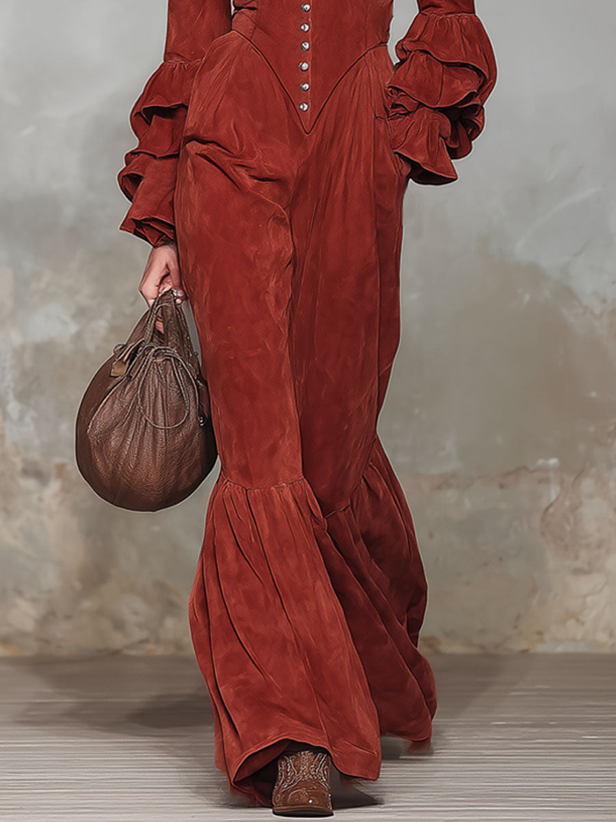 Robe Combinaison Vintage à Col en V avec Détails Boutonnés et Volants