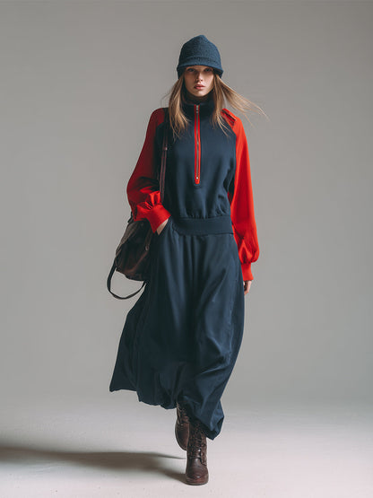 Robe Maxi Sport-Chic en Sweatshirt Bleu Foncé avec Manches Raglan Contrastées