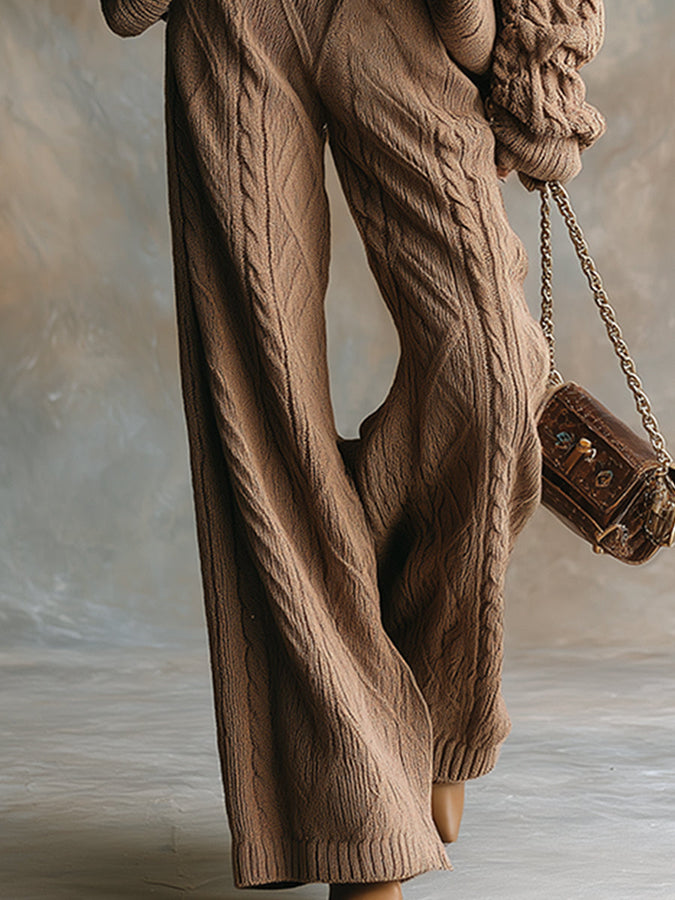 Ensemble Décontracté en Tricot Torsadé Marron avec Pantalon à Jambes Larges