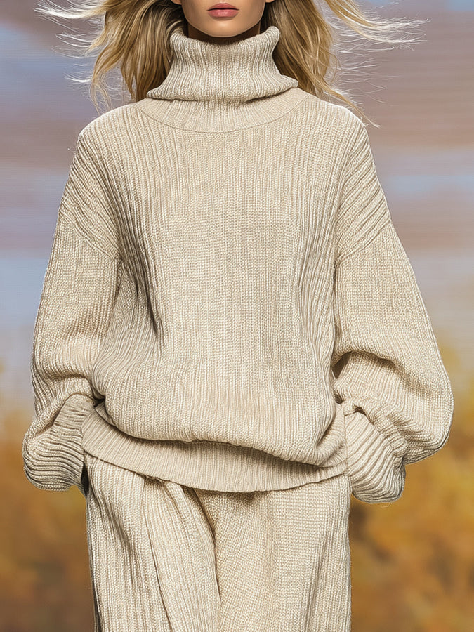 Ensemble Décontracté Beige en Tricot avec Col Roulé et Pantalon