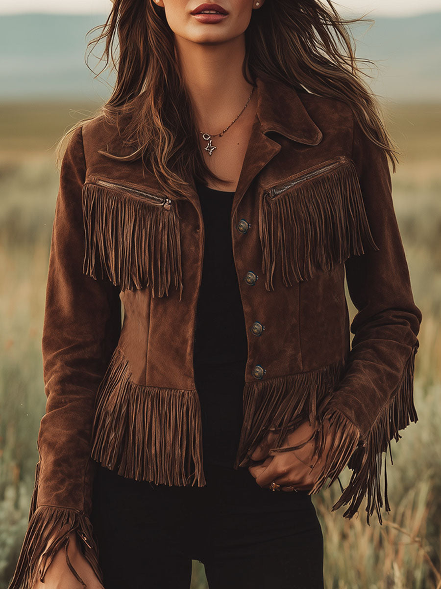 Veste en suède marron à zip, style western avec franges