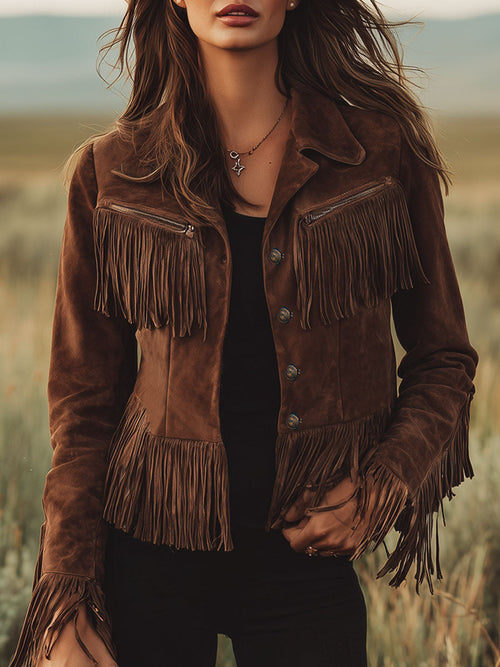 Veste en suède marron à zip, style western avec franges