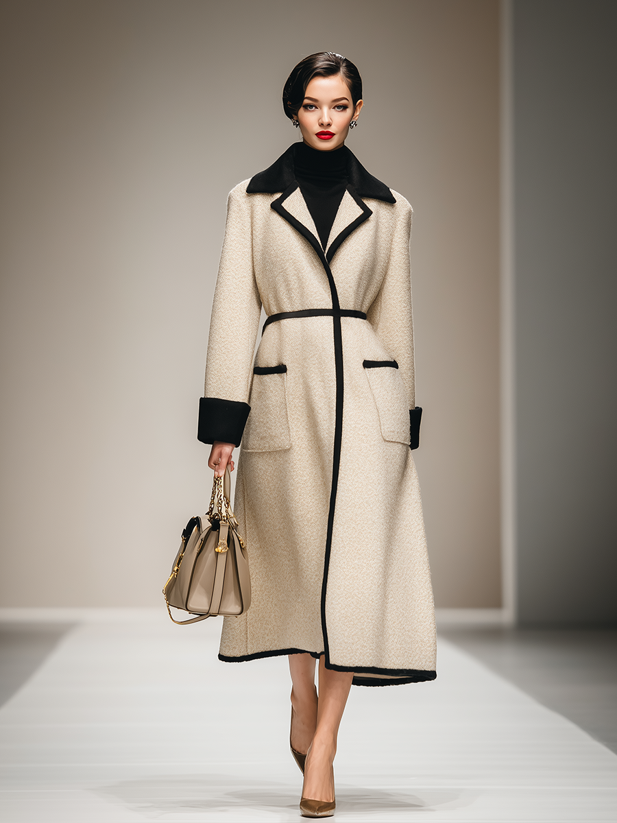 Longue Manteau Élégant Rétro avec Col Revers et Bordure Contrastante