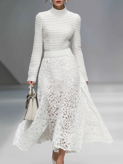 Ensemble Chic : Haut à Col Montant et Jupe A-Line en Dentelle à Manches Longues