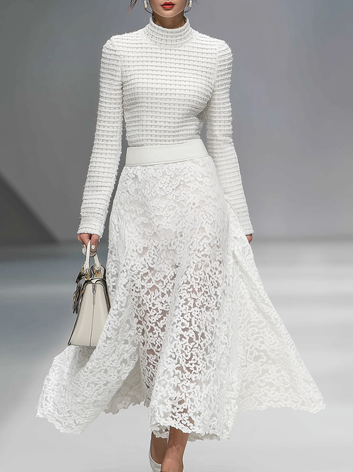 Ensemble Chic : Haut à Manches Longues avec Col Montant et Jupe Évasée en Dentelle