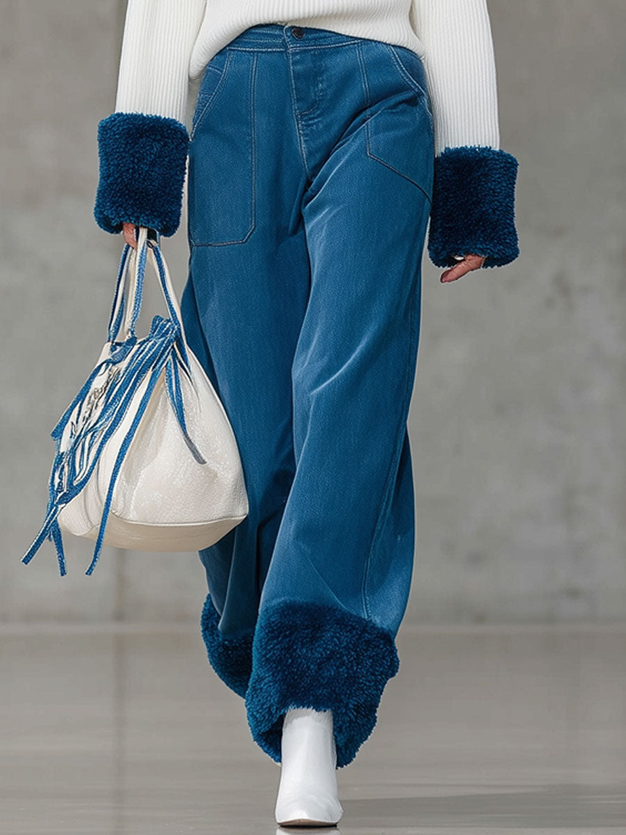 Jean Vintage Décontracté Bleu à Jambes Roulées en Polaire