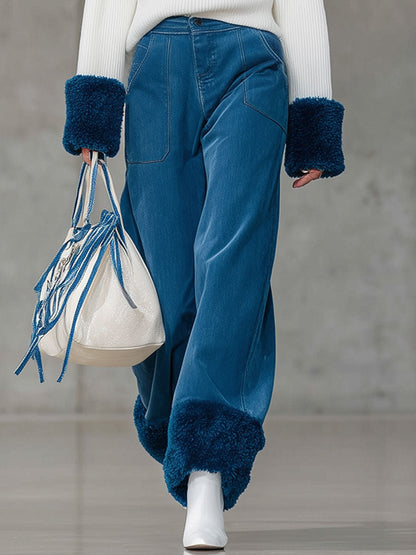 Jean Vintage Bleu Décontracté en Polaire - Coupe Largement Retroussée