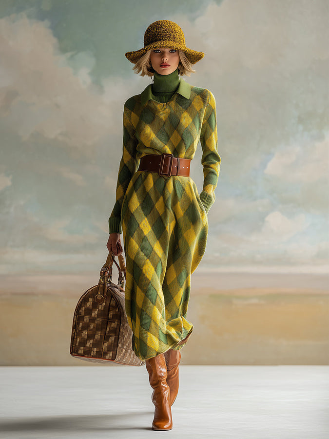 Maxi Robe Tricotée à Carreaux Jaunes et Verts avec Col Rétro Chic