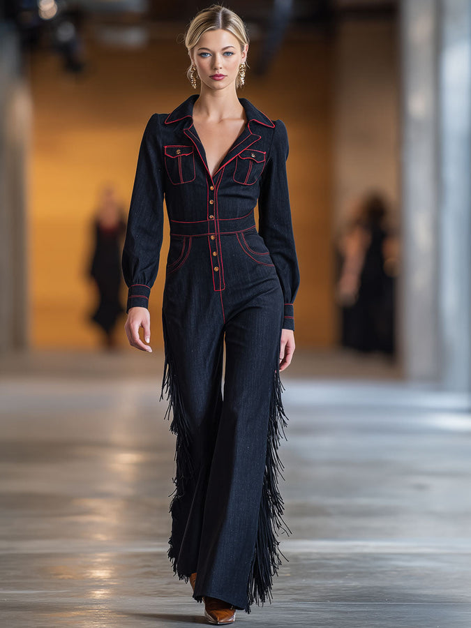 Salopette Évasée en Denim Bleu Marine à Franges avec Coutures Rouges Rétro et Manches Longues