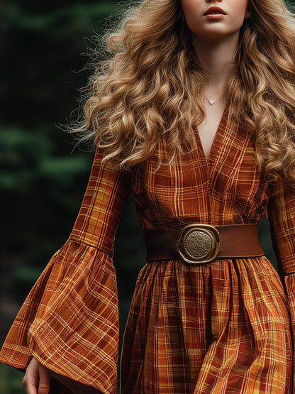 Robe Midi Vintage à Carreaux Orange avec V-Neck et Manches Trompette