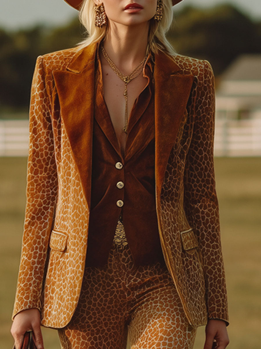 Veste en Velours Imprimé Léopard Orange au Style Western Rétro avec Pantalon Évasé