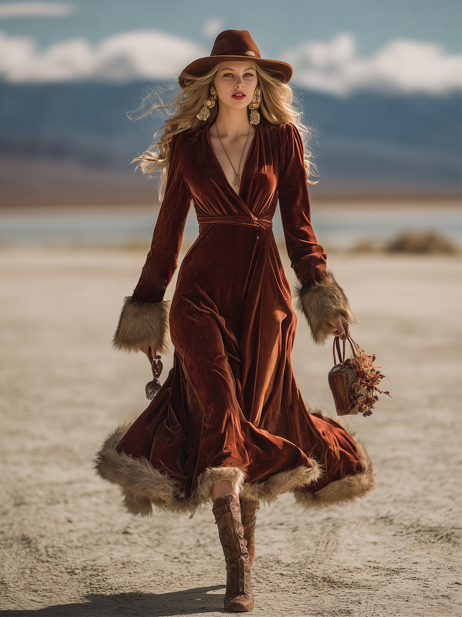Robe Maxi Vintage Western en Velours Caramel avec Épaules en Fausse Fourrure et Manches Longues