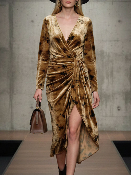 Exquisite Caramel Printed Velvet Midi Dress with Vintage Charm