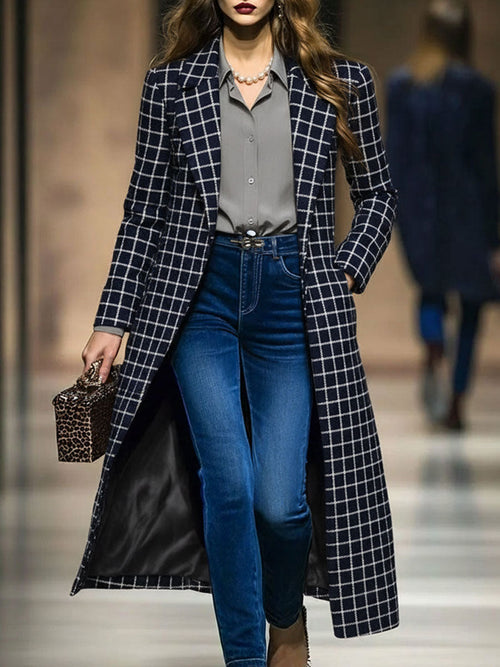 Veste Longue en Tweed à Motifs Rétro Marine