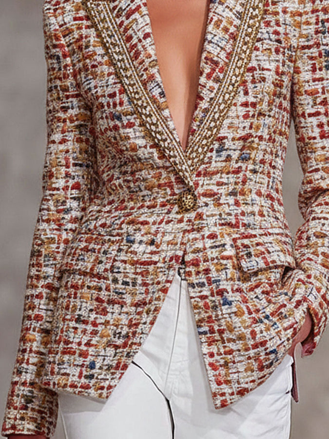 Vibrant Tweed Blazer with Contrasting Ribbon and Single Button Closure