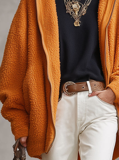 Veste Polaire Orange à Capuche et Fermeture Éclair