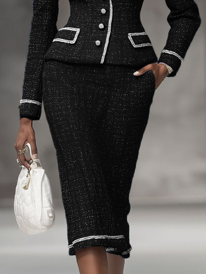 Ensemble Chic : Veste à Revers Élégant et Jupe en Tweed - Costume Deux-Pièces