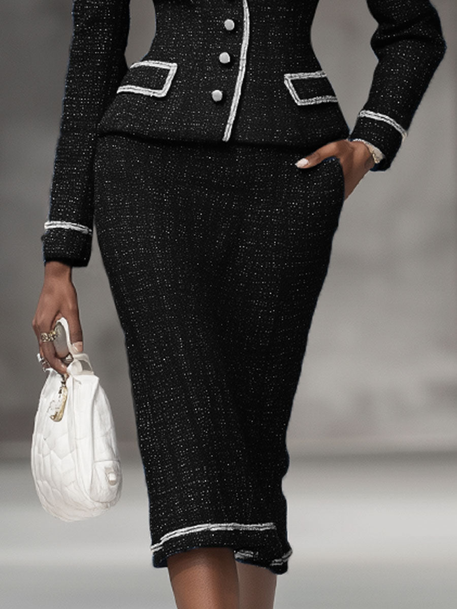 Ensemble Chic : Veste à Revers à Bouton Unique et Jupe en Tweed
