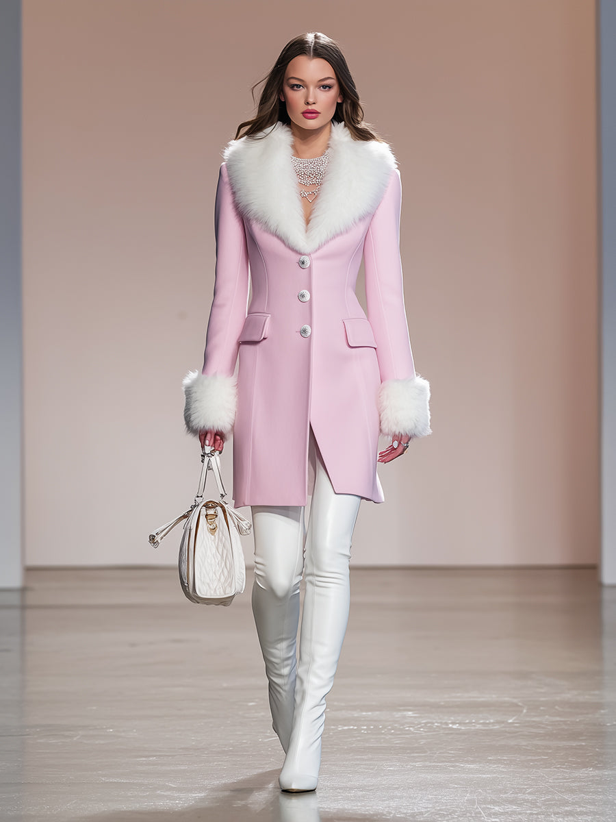 Veste en Fourrure Patchwork Rose à Boutons