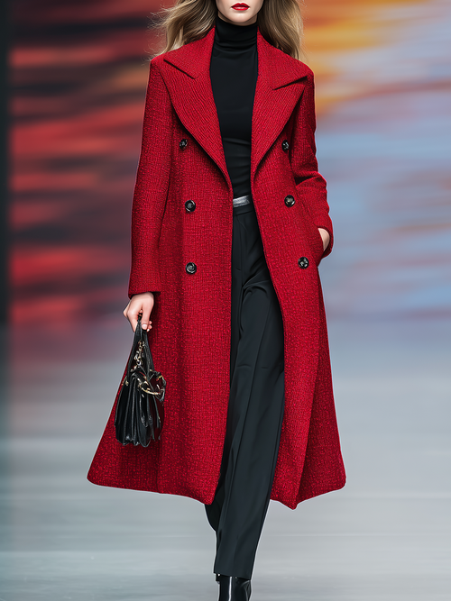 Élégant Manteau Long en Tweed Vintage à Double Bouton