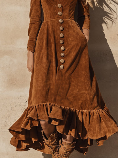 Robe Maxi en Faux Suède Caramel avec Volants au Style Vintage Western