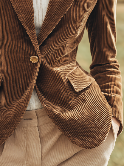 Élégant Blazer Rétro en Velours Côtelé avec 3 Poches et Boutonnage Simple