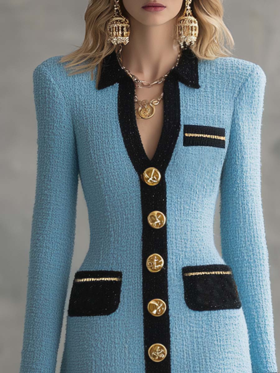 Robe Mini Vintage Classique V-Collier avec Détails en Boutons Métalliques et Bordures Noires en Tweed Bleu Ciel