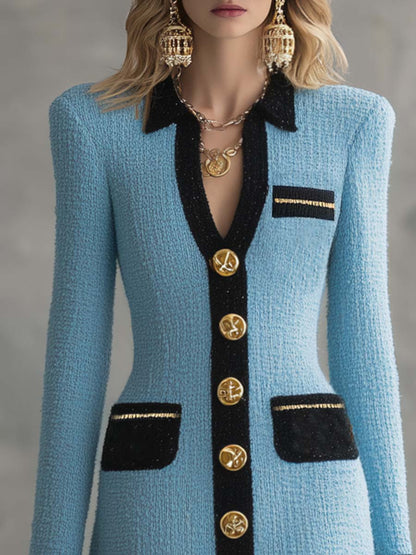 Robe Mini Vintage Classique V-Collier avec Détails en Boutons Métalliques et Bordures Noires en Tweed Bleu Ciel