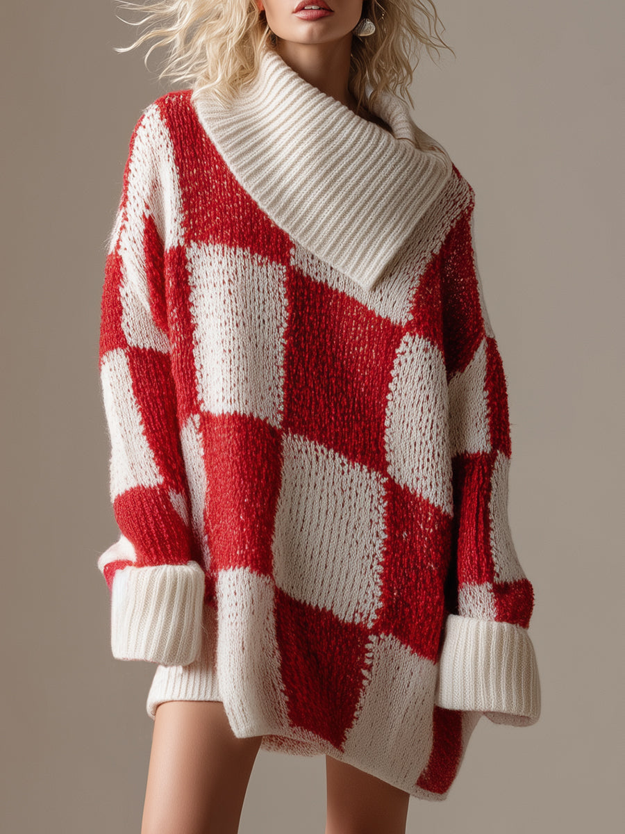 Robe Mini Tricotée à Col Asymétrique en Étoffe à Carreaux Rouges et Blancs