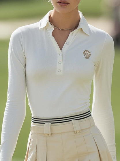 Ensemble Vintage Chic : Polo à Manches Longues et Jupe Plissée à Rayures Verticales