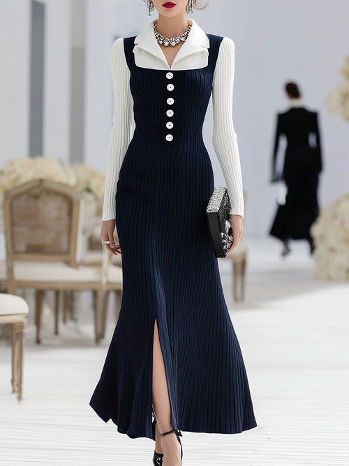 Robe Maxi Élégante à Fente et Boutons – Style Fausse Deux Pièces en Bleu et Blanc