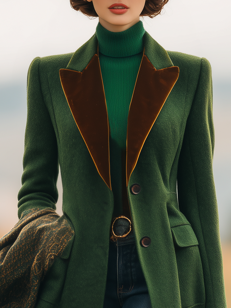 Chic Manteau Long en Laine avec Revers Contrastés au Style Rétro