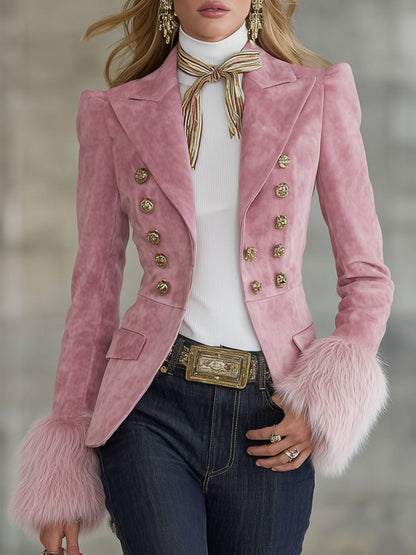 Veste en Faux Suède et Fourrure à Boutons Multiples