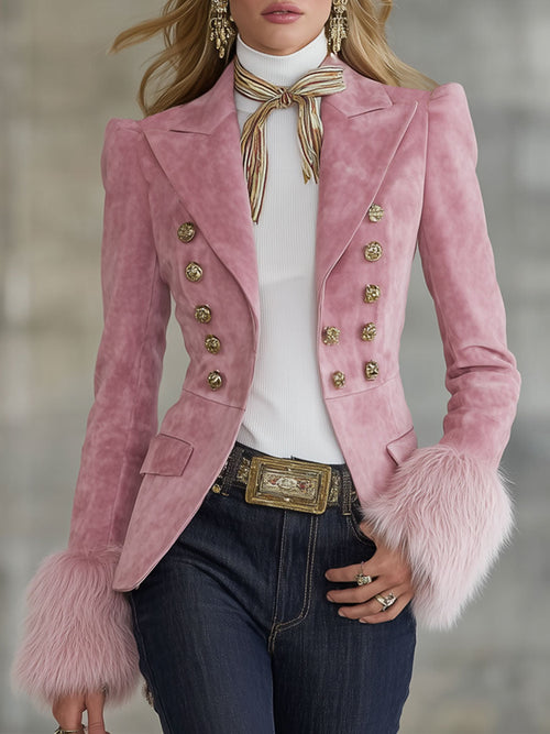 Veste en Faux Suède et Fourrure à Boutons Multiples